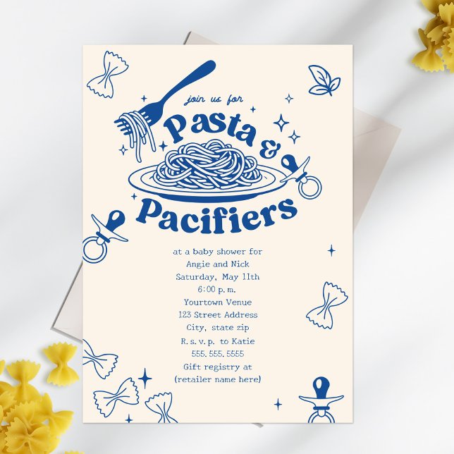 Pasta And Pacifiers Blue Doodle Boy Baby Shower Invitation (Creator Uploaded)