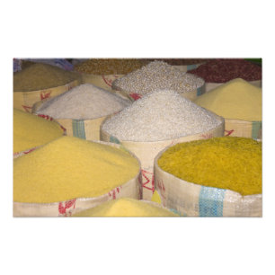 Pasta, grain and rice in sacks at the souk in photo print
