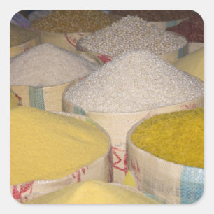 Pasta, grain and rice in sacks at the souk in square sticker
