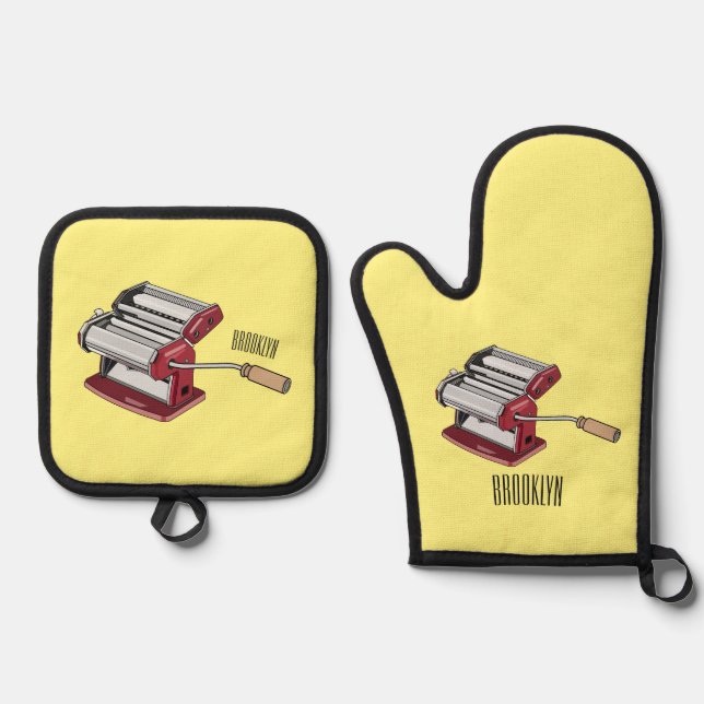 Pasta maker cartoon illustration  oven mitt & pot holder set (Front)