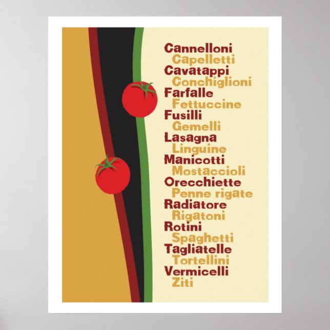 Pasta Names Kitchen Art poster (Front)