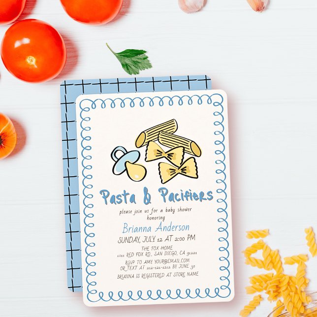 Pasta & Pacifiers Doodle Blue Boy Baby Shower Invitation (Creator Uploaded)