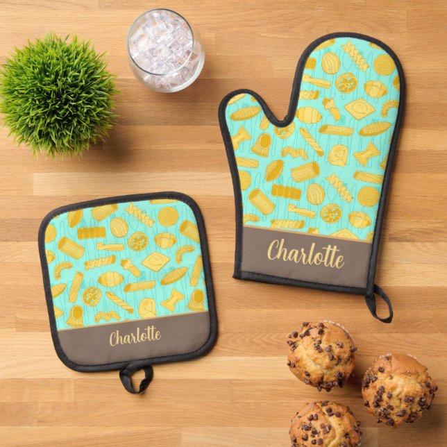 Pasta Patterned Italian Chef Foodie Oven Mitt & Pot Holder Set (Top Down)