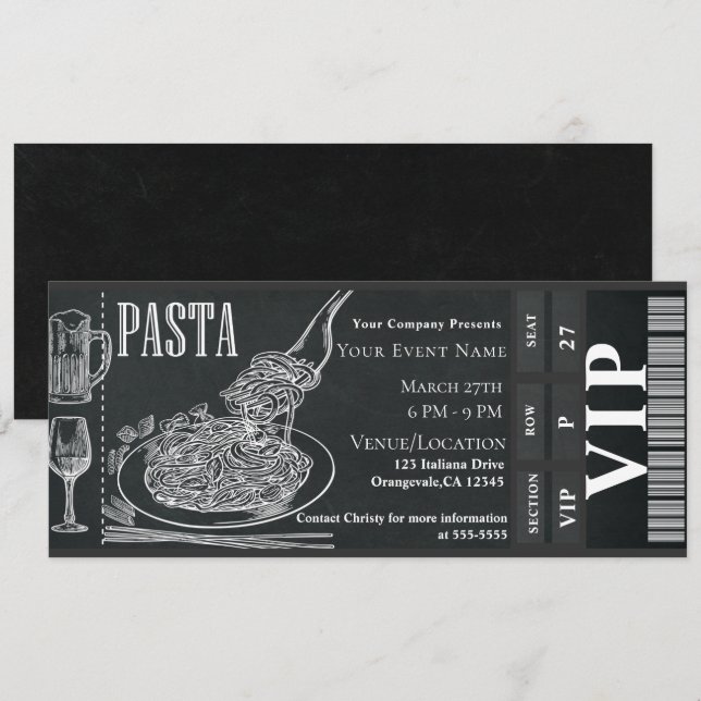 Pasta WIne Dinner Chalk VIP Dinner Party Ticket Invitation (Front/Back)