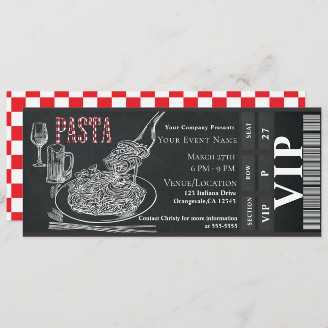 Pasta WIne Dinner Chalk VIP Dinner Party Ticket Invitation (Front/Back)
