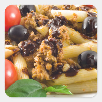 Pasta with bolognese sauce, beef meat, olives square sticker