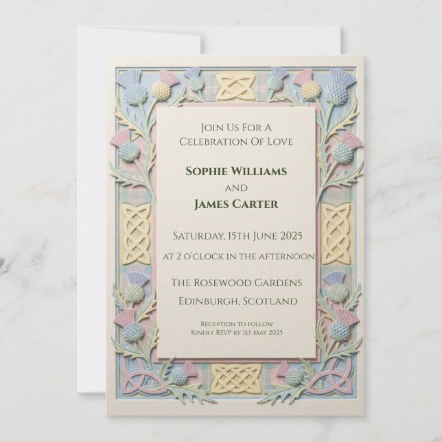 Pastel 3D Celtic Thistle Wedding Invitation (Front)