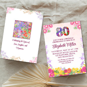 Pastel 80th Birthday Pink Flowers Party Design Invitation