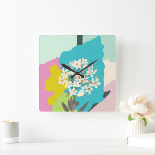 Pastel Abstract Artistic Floral Colour Blocks Square Wall Clock