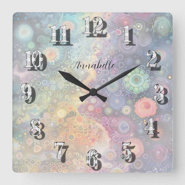 Pastel Abstract Personalised Name Wall Decor Square Wall Clock (Front)