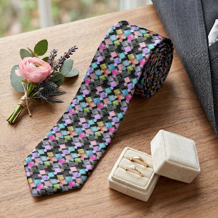 Pastel Abstract Retro Squares Polka Dots Pattern Tie