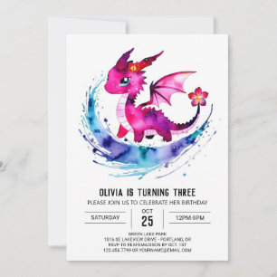 Pastel Adorable Dragon Digital Girl Birthday Invitation