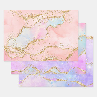Pastel and Gold Faux Glitter Agate Wrapping Paper Sheet