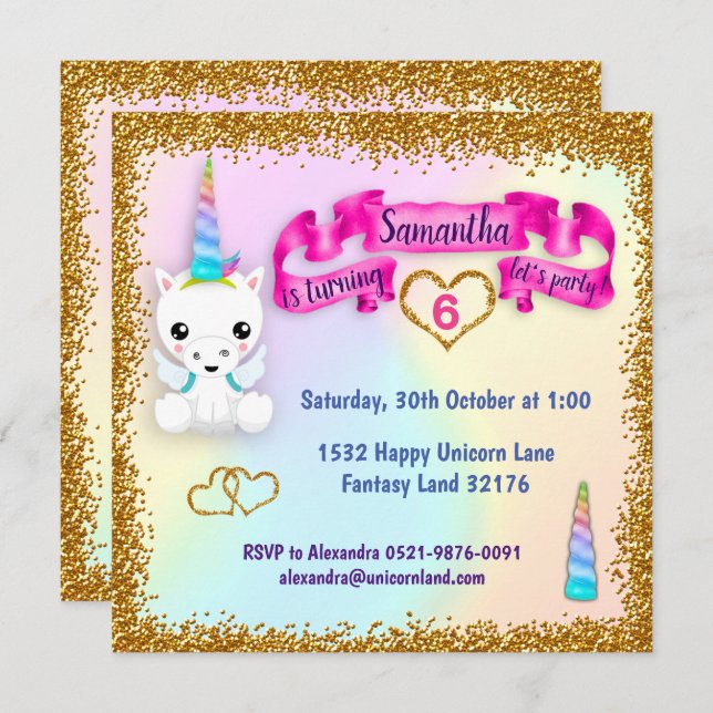 Pastel and Gold Glitter Unicorn Birthday Invitation (Front/Back)