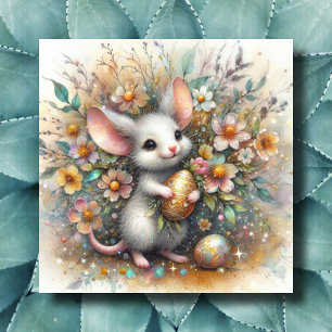 Pastel and Gold Sparkle Mouse and Easter Eggs Holiday Card