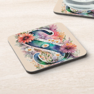 Pastel and Jewel Tone Watercolor Flowers Monogram Coaster
