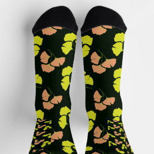 Pastel and Neon Ginko leaves on black Womens Socks