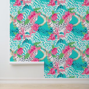 Pastel animal print with flowers wallpaper
