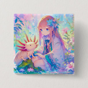 Pastel Anime Girl and an Axolotl 15 Cm Square Badge