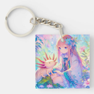 Pastel Anime Girl and an Axolotl Personalized Key Ring