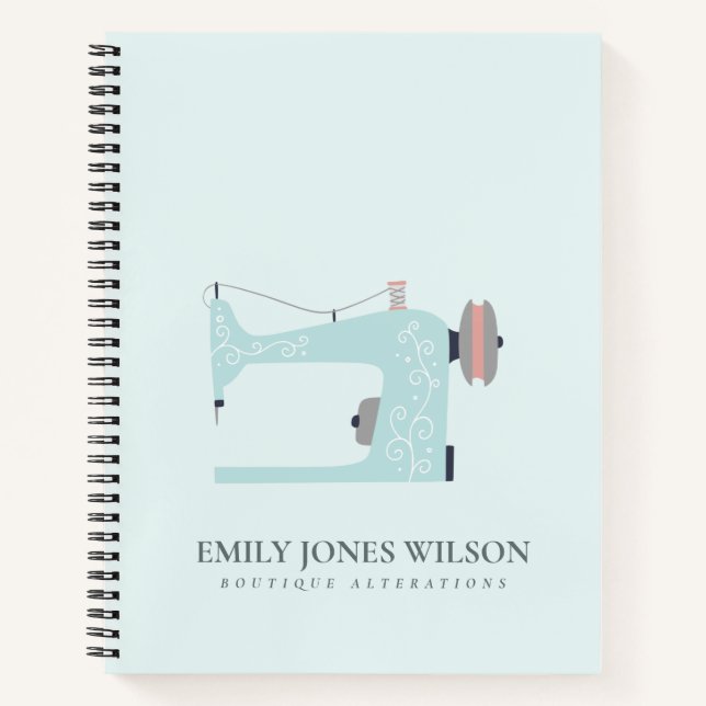 PASTEL AQUA BLUE BLUSH PINK SEWING MACHINE TAILOR NOTEBOOK (Front)