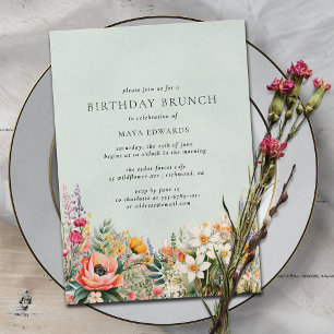 Pastel Aqua Blue Elegant Floral Birthday Brunch Invitation