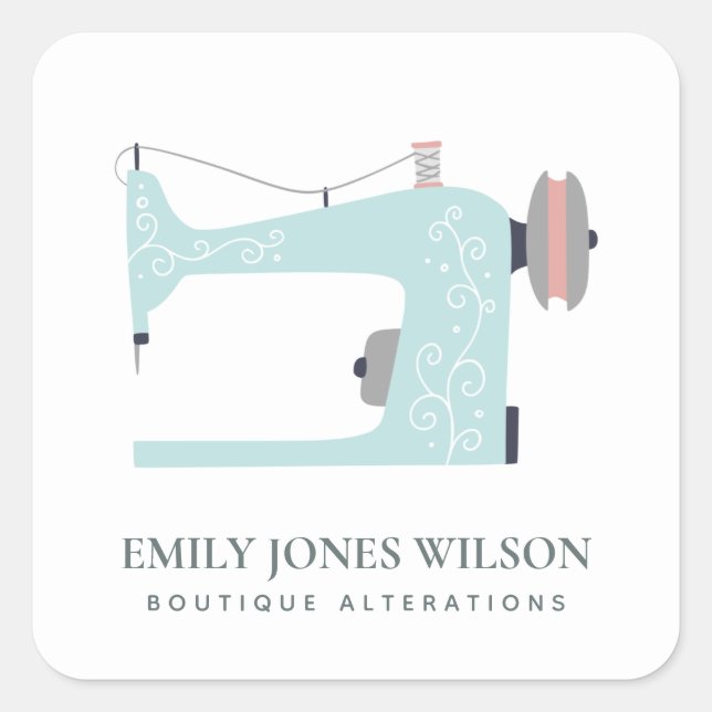 PASTEL AQUA BLUE PEACH PINK SEWING MACHINE TAILOR SQUARE STICKER (Front)