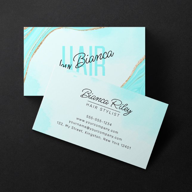 Pastel Aqua Gold Glitter Agate Hair Stylist Salon Business Card (Creator Uploaded)