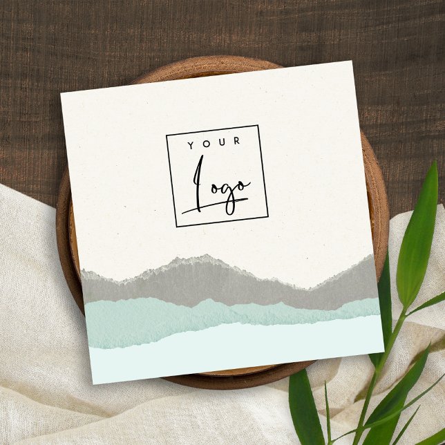 Pastel Aqua Grey Kraft Mountain Torn Edge Logo Square Business Card (Creator Uploaded)