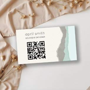 Pastel Aqua Grey Kraft Mountain Wave QR Code Business Card