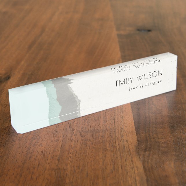 Pastel Aqua Grey  Kraft Mountain Wave Torn Edge Nameplate (Side)