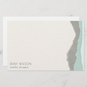Pastel Aqua Grey Kraft Mountain Wave Torn Edge Stationery