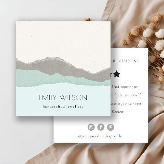 Pastel Aqua Kraft Mountain Wave Review Request Square Business Card (Creator Uploaded)