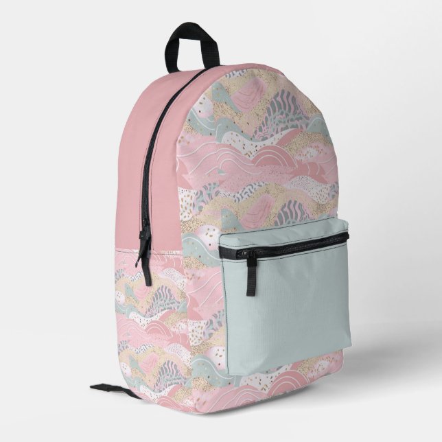 Pastel Aqua Pink Gold Wavy Pattern  Printed Backpack (Back Corner Left)