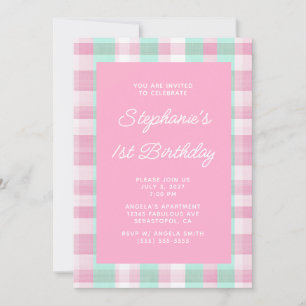 Pastel Aqua Pink Linen Gingham 1st Birthday Invitation
