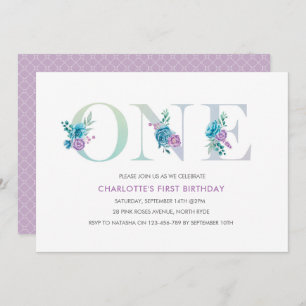 Pastel Aqua Purple first Birthday Invitation