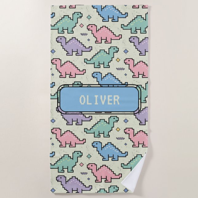 Pastel Arcade Dinosaur Pixel Silhouettes Pattern Beach Towel (Front)