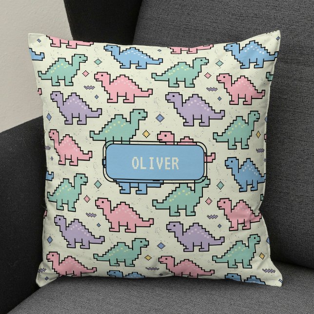 Pastel Arcade Dinosaur Pixel Silhouettes Pattern Cushion (Creator Uploaded)