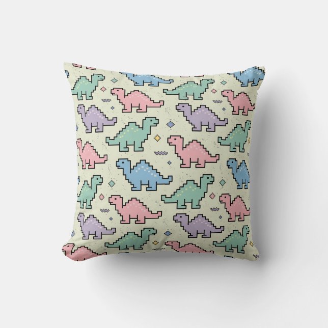 Pastel Arcade Dinosaur Pixel Silhouettes Pattern Cushion (Front)