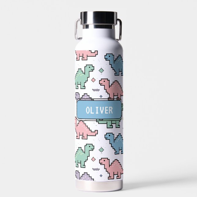 Pastel Arcade Dinosaur Pixel Silhouettes Pattern Water Bottle (Front)