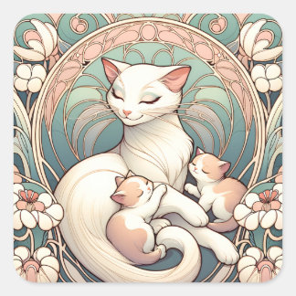 Pastel Art Nouveau Mother Cat and Kittens Square Sticker