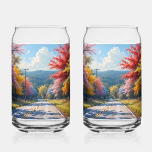 Pastel Autumn Country Road Watercolor Can Glass