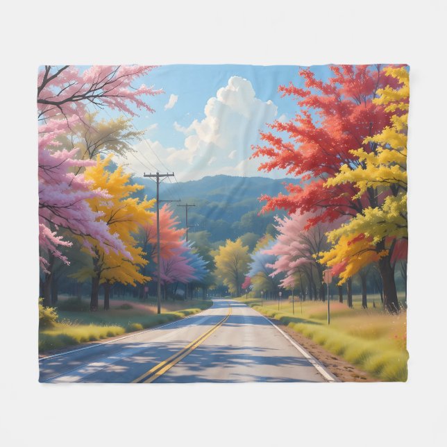 Pastel Autumn Country Road Watercolor Fleece Blanket (Front (Horizontal))