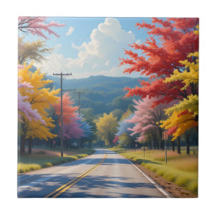 Pastel Autumn Country Road Watercolor Tile
