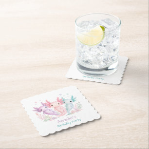 Pastel Axolotl Birthday Party Paper Coaster