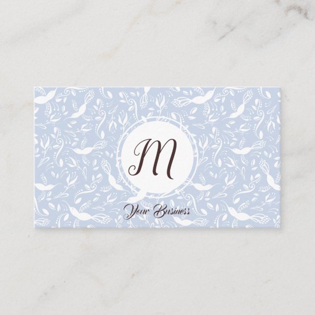 Pastel Baby Blue Floral Birds Trendy Monogram Business Card (Front)