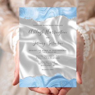 Pastel Baby Blue Silver Agate White Silk Wedding Invitation