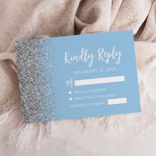Pastel Baby Blue Silver Glitter Edge Script RSVP Card