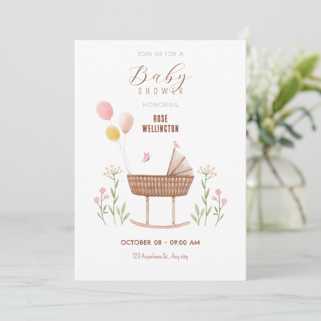 Pastel baby crib floral baby shower invitation (Standing Front)