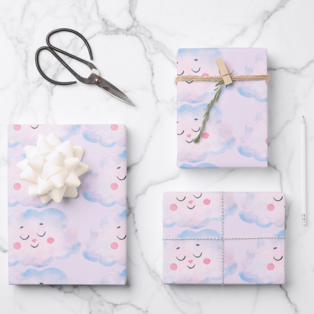 Pastel Baby Pink Clouds on Pink Wrapping Paper Sheet (Front)